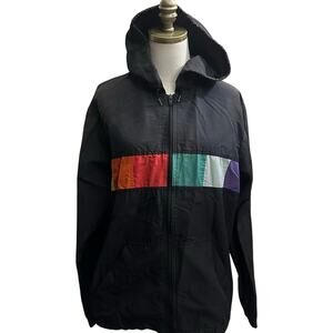 Vintage OP Black/Multicolored, Hooded, Windbreak/Rain Jacket- Approx. M/L